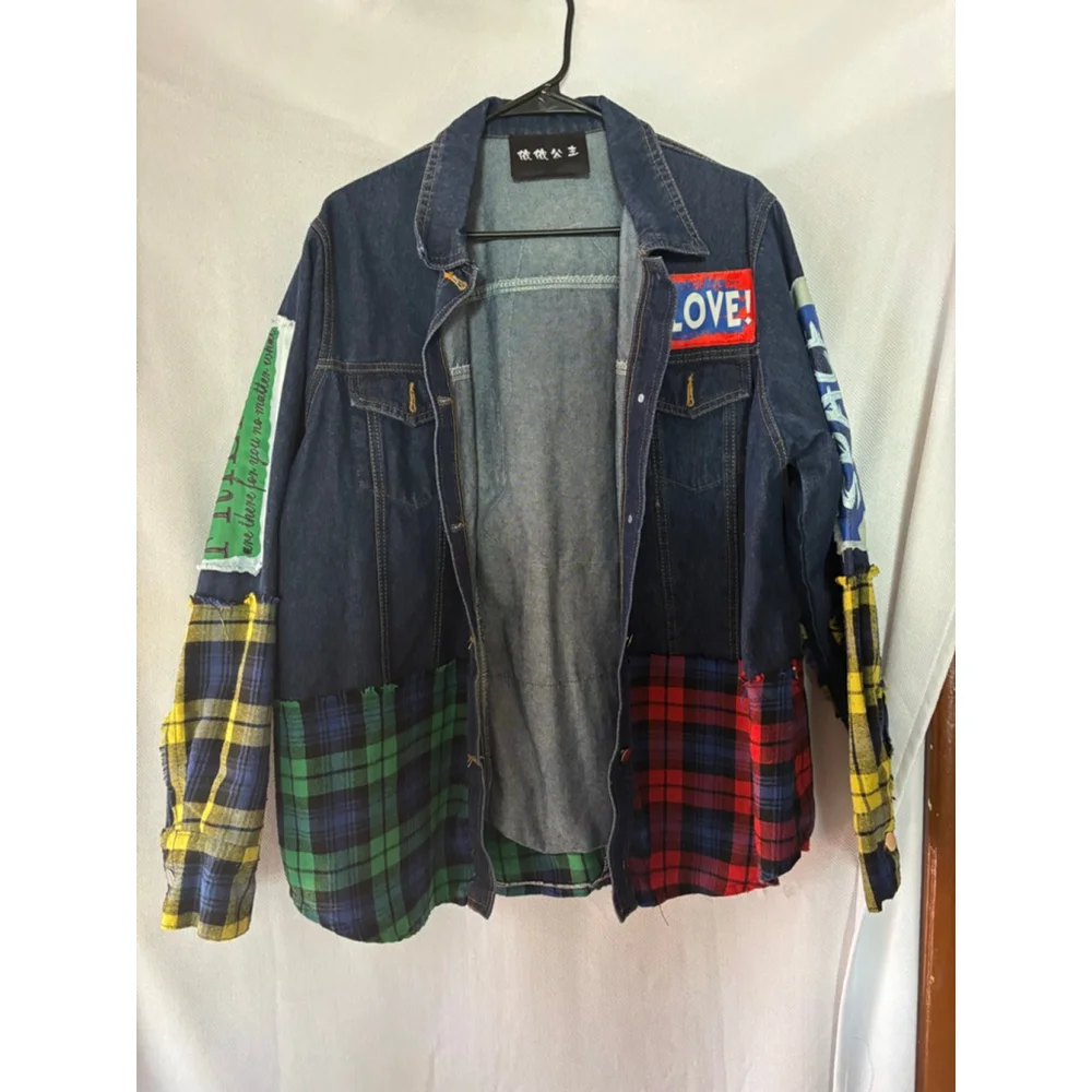 Women's Yiyi Princess Blue Denim Plaid Patchwork Jean Jacket